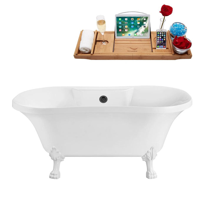 60" Streamline N100WH-BL Soaking Clawfoot Tub and Tray With External Drain