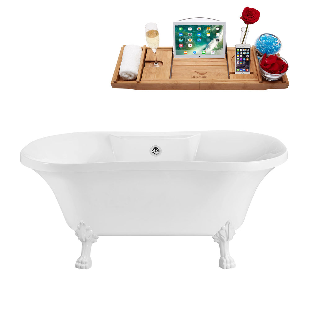 60" Streamline N100WH-CH Soaking Clawfoot Tub and Tray With External Drain