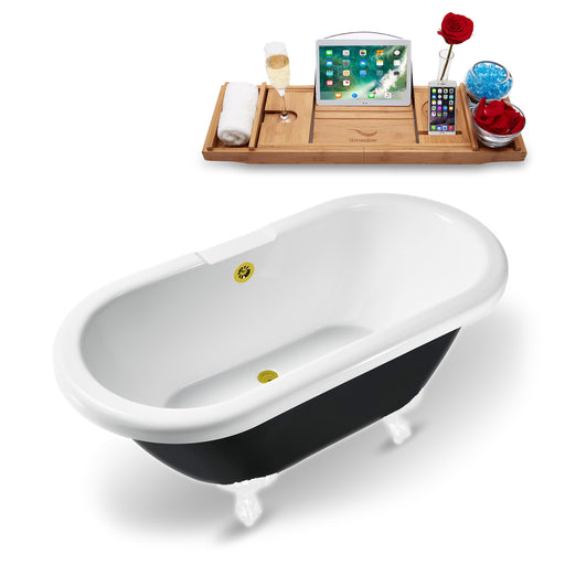59" Streamline N1120WH-GLD Clawfoot Tub and Tray With External Drain