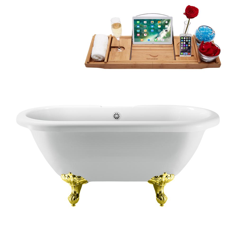 67" Streamline N1121GLD-WH Clawfoot Tub and Tray With External Drain