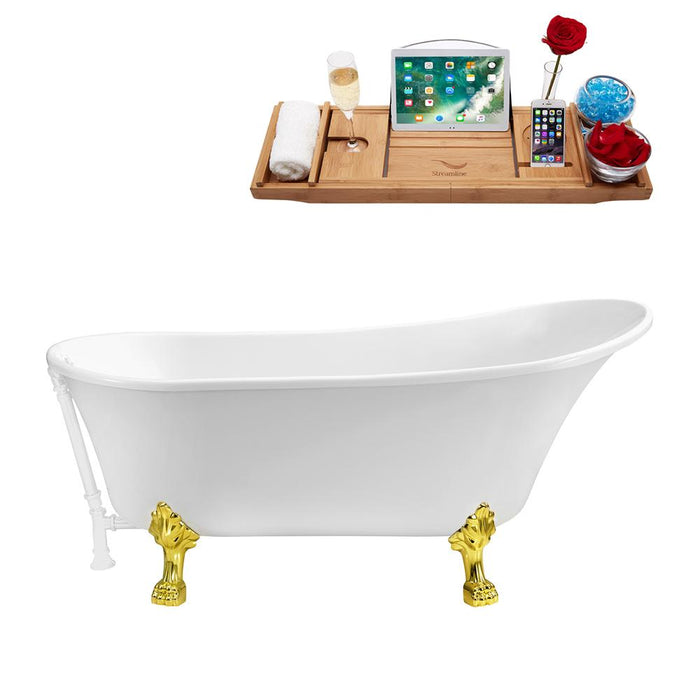 67" Streamline N340GLD-WH Soaking Clawfoot Tub and Tray With External Drain