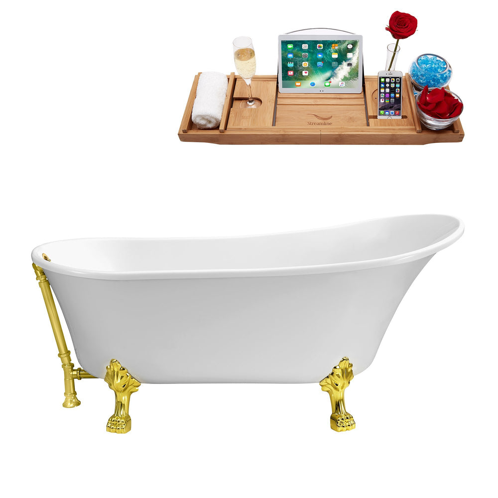 59" Streamline N341GLD-GLD Soaking Clawfoot Tub and Tray With External Drain