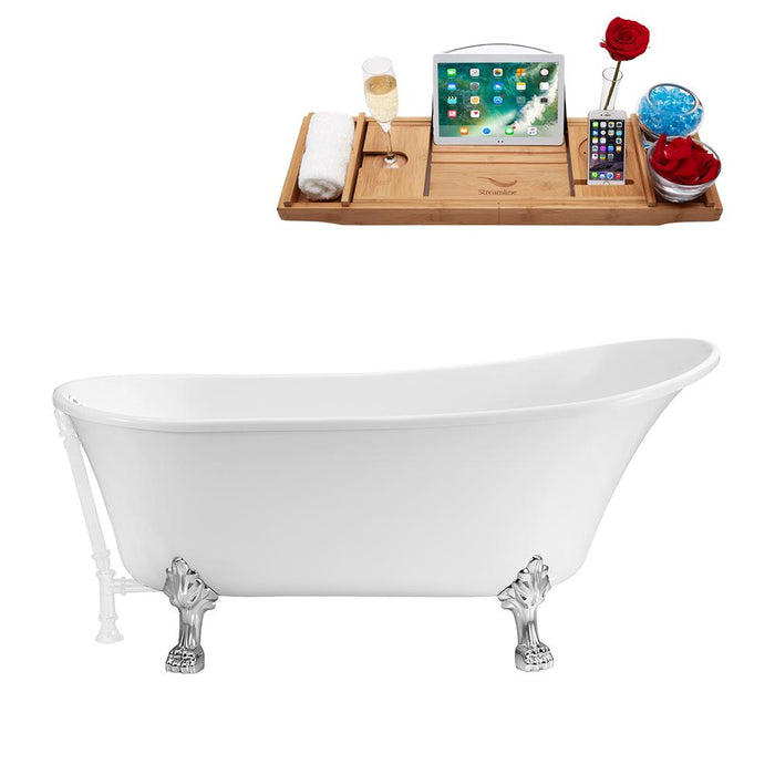 63" Streamline N342CH-WH Soaking Clawfoot Tub and Tray With External Drain