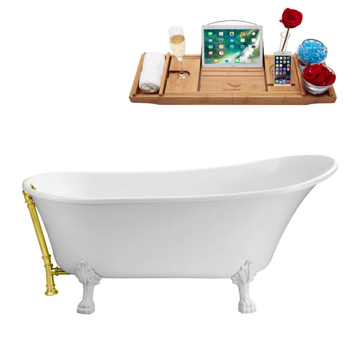 55" Streamline N343WH-GLD Clawfoot Tub and Tray With External Drain