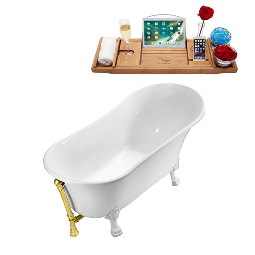 55" Streamline N343WH-GLD Clawfoot Tub and Tray With External Drain