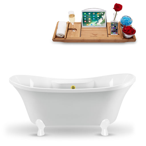 60" Streamline N900WH-GLD Clawfoot Tub and Tray With External Drain